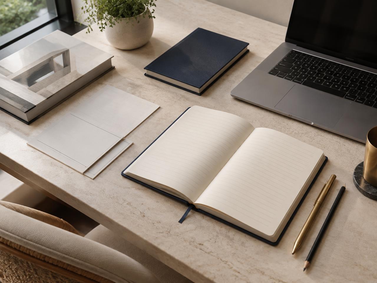 Mesa de trabalho contemporânea com planner, cadernos, notebook e materiais de escrita