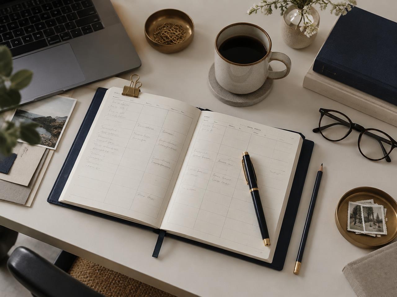 Mesa de planejamento com agenda aberta, notebook, livros e materiais organizados